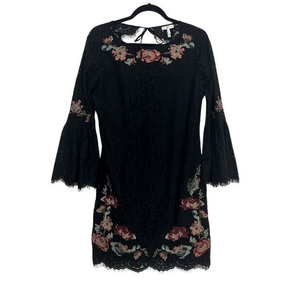 Joie Black Lace Floral Embroidered Bell Sleeve Shift Dress Size Small - Picture 1 of 8